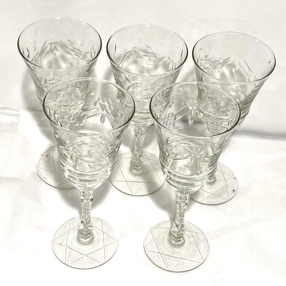 Libbey Rock Sharpe ARCTIC ROSE Goblets Water Glasses Set of 5 Clear etch crystal